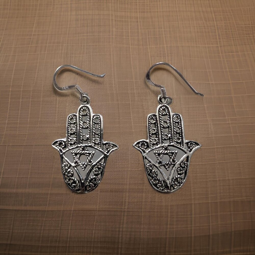 Brand New 925 Solid Sterling Silver Hanging Hand of Fatima Hamsa Star David